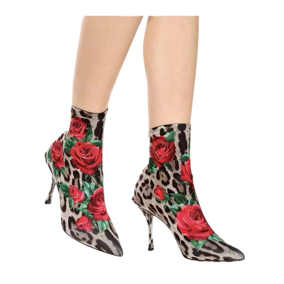 Dolce & Gabbana Floral Leopard Rose Print Stretch booties boots Tan Red 39 - Picture 8 of 9